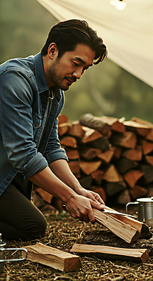 JPG 편집이미지 남자 여유 휴식 한명 미소 들기 잔디 성인 캠핑 무릎꿇기 장작 힐링 나무토막 의료성형뷰티 성인남자한명만 편집실사 AI인물포토 AI콘텐츠 식물 1 감정 컨셉 모션 레저 표정 사람 CG 남자한명만 성인남자만 파일형식 AI포토