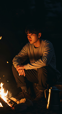 JPG 전신 편집이미지 응시 남자 불꽃 휴식 한명 성인 어둠 캠핑 잡기 야간 모닥불 힐링 웅크림 의료성형뷰티 성인남자한명만 편집실사 AI인물포토 AI콘텐츠 자연요소 1 시선 컨셉 모션 불 레저 사람 CG 남자한명만 성인남자만 파일형식 AI포토