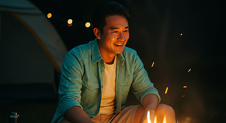 JPG 편집이미지 남자 불꽃 휴식 한명 웃음 성인 어둠 캠핑 야간 모닥불 힐링 웅크림 의료성형뷰티 성인남자한명만 편집실사 AI인물포토 AI콘텐츠 자연요소 1 컨셉 모션 불 레저 표정 사람 CG 남자한명만 성인남자만 파일형식 AI포토