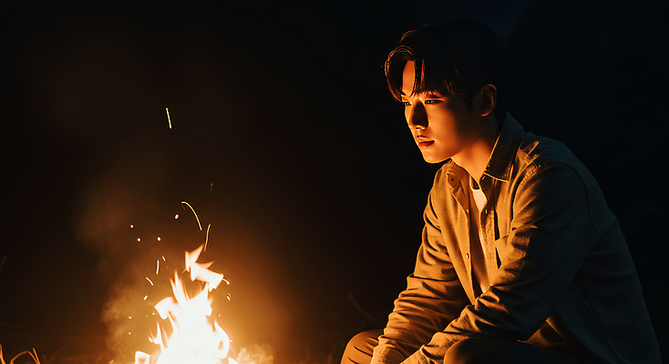 JPG 편집이미지 응시 남자 휴식 한명 상반신 성인 어둠 캠핑 야간 모닥불 힐링 의료성형뷰티 성인남자한명만 편집실사 AI인물포토 AI콘텐츠 자연요소 1 시선 컨셉 불 레저 사람 CG 남자한명만 성인남자만 파일형식 AI포토