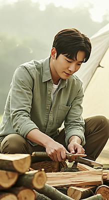 JPG 편집이미지 남자 자연 휴식 텐트 한명 들기 성인 캠핑 잡기 칼 장작 자르기 힐링 나무토막 웅크림 다듬기 의료성형뷰티 성인남자한명만 편집실사 AI인물포토 AI콘텐츠 1 컨셉 모션 레저 캠핑도구 사람 CG 생태계 남자한명만 성인남자만 파일형식 AI포토