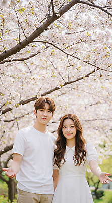 JPG 편집이미지 커플 공원 여자 남자 데이트 미소 상반신 성인 두명 봄 벚나무 손뻗기 의료성형뷰티 성인만 편집실사 AI인물포토 AI콘텐츠 나무 계절 공공시설 관계 모션 표정 사람 벚꽃 CG 파일형식 AI포토