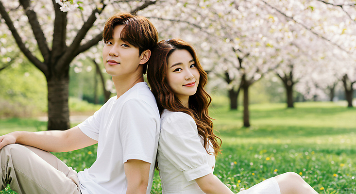 JPG 편집이미지 커플 공원 여자 남자 데이트 미소 앉기 잔디 성인 두명 봄 등맞대기 벚나무 의료성형뷰티 성인만 편집실사 AI인물포토 AI콘텐츠 나무 식물 계절 공공시설 관계 모션 표정 사람 벚꽃 CG 파일형식 AI포토