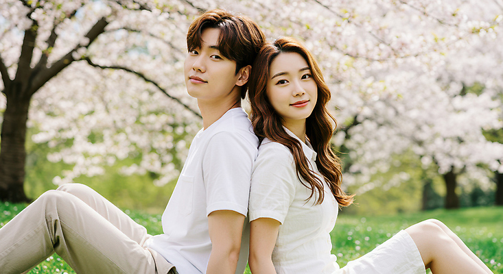 JPG 편집이미지 커플 공원 여자 남자 데이트 미소 앉기 잔디 성인 두명 봄 등맞대기 벚나무 의료성형뷰티 성인만 편집실사 AI인물포토 AI콘텐츠 나무 식물 계절 공공시설 관계 모션 표정 사람 벚꽃 CG 파일형식 AI포토