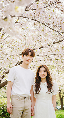 JPG 편집이미지 커플 공원 여자 남자 데이트 미소 성인 두명 손잡기 봄 벚나무 의료성형뷰티 성인만 편집실사 AI인물포토 AI콘텐츠 나무 계절 공공시설 관계 모션 표정 사람 벚꽃 CG 파일형식 AI포토