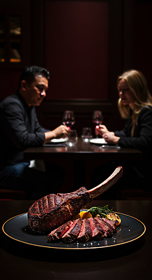 JPG 편집이미지 접시 여자 남자 와인잔 스테이크 성인 사람없음 두명 레스토랑 와인 검은색 식사 어둠 소고기 굽기 로즈메리 구운감자 성인만 토마호크 편집실사 AI인물포토 AI콘텐츠 식기 컬러 술잔 감자 주류 서양음식 육류 사람 식당 구이 허브 CG 파일형식 AI포토