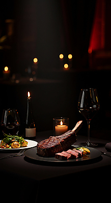 JPG 편집이미지 접시 포크 와인잔 초 스테이크 사람없음 레스토랑 와인 검은색 식사 어둠 소고기 굽기 보케 구운감자 토마호크 편집실사 AI포토 AI콘텐츠 식기 컬러 술잔 감자 주류 서양음식 육류 식당 구이 CG 파일형식