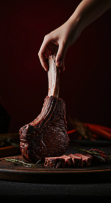 JPG 편집이미지 손 스테이크 신체부위 검은색 식사 어둠 소고기 잡기 바비큐 굽기 로즈메리 토마호크 편집실사 AI인물포토 AI콘텐츠 음식 컬러 모션 서양음식 육류 사람 구이 허브 CG 파일형식 AI포토