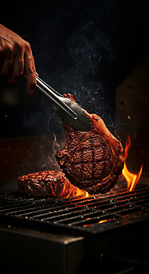 JPG 편집이미지 손 불꽃 집게 스테이크 요리 들기 신체부위 검은색 식사 어둠 소고기 연기 그릴 바비큐 굽기 토마호크 편집실사 AI인물포토 AI콘텐츠 음식 컬러 모션 주방용품 불 서양음식 육류 사람 구이 CG 파일형식 AI포토