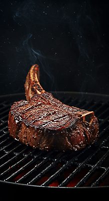 JPG 편집이미지 불꽃 스테이크 요리 사람없음 검은색 식사 어둠 소고기 연기 그릴 바비큐 굽기 토마호크 편집실사 AI포토 AI콘텐츠 음식 컬러 주방용품 불 서양음식 육류 구이 CG 파일형식