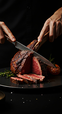 JPG 편집이미지 손 스테이크 신체부위 레스토랑 검은색 식사 어둠 소고기 잡기 나이프 바비큐 자르기 굽기 로즈메리 토마호크 편집실사 AI인물포토 AI콘텐츠 식기 음식 컬러 모션 서양음식 육류 사람 식당 칼 구이 허브 CG 파일형식 AI포토