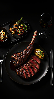 JPG 편집이미지 접시 포크 와인잔 스테이크 요리 사람없음 레스토랑 와인 검은색 어둠 소고기 나이프 굽기 로즈메리 구운감자 토마호크 편집실사 AI포토 AI콘텐츠 식기 컬러 술잔 감자 주류 서양음식 육류 식당 칼 구이 허브 CG 파일형식