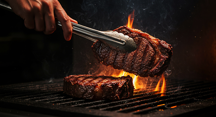 JPG 편집이미지 손 불꽃 집게 스테이크 요리 들기 신체부위 검은색 식사 어둠 소고기 그릴 바비큐 굽기 토마호크 편집실사 AI인물포토 AI콘텐츠 음식 컬러 모션 주방용품 불 서양음식 육류 사람 구이 CG 파일형식 AI포토