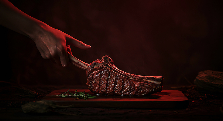 JPG 편집이미지 손 스테이크 신체부위 검은색 식사 어둠 소고기 잡기 굽기 로즈메리 나무도마 토마호크 편집실사 AI인물포토 AI콘텐츠 컬러 모션 도마 서양음식 육류 사람 목재 구이 허브 CG 파일형식 AI포토