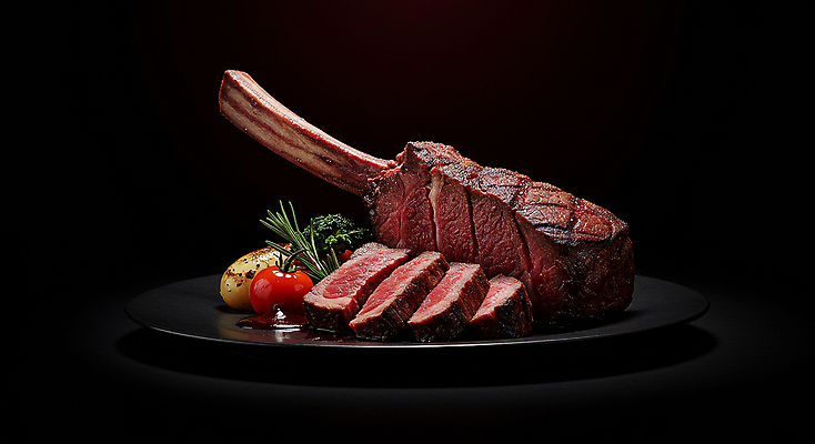 JPG 편집이미지 방울토마토 스테이크 사람없음 레스토랑 검은색 식사 어둠 소고기 소스 굽기 로즈메리 구운감자 토마호크 편집실사 AI포토 AI콘텐츠 컬러 토마토 감자 서양음식 육류 식당 양념 구이 허브 CG 파일형식