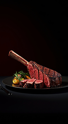 JPG 편집이미지 스테이크 사람없음 레스토랑 검은색 식사 어둠 소고기 바비큐 굽기 로즈메리 구운감자 토마호크 편집실사 AI포토 AI콘텐츠 음식 컬러 감자 서양음식 육류 식당 구이 허브 CG 파일형식