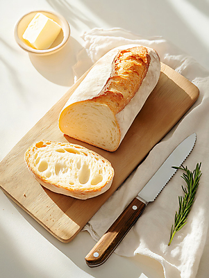 JPG 편집이미지 그림자 사람없음 햇빛 갈색 바게트 슬라이스 버터 로즈메리 나무도마 빵칼 편집실사 AI포토 AI콘텐츠 빵 컬러 도마 목재 태양 나이프 허브 CG 파일형식