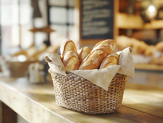 JPG 편집이미지 그림자 사람없음 햇빛 갈색 카페 빵집 바게트 천 브런치 나무탁자 라탄바구니 편집실사 AI포토 AI콘텐츠 빵 컬러 탁자 태양 바구니 상점 식사 직물 CG 파일형식