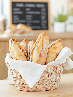 JPG 편집이미지 사람없음 갈색 카페 빵집 바게트 천 나무탁자 라탄바구니 편집실사 AI포토 AI콘텐츠 빵 컬러 탁자 바구니 상점 직물 CG 파일형식