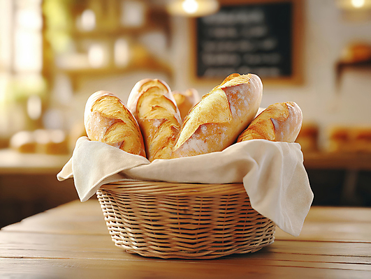 JPG 편집이미지 사람없음 갈색 카페 빵집 바게트 천 나무탁자 라탄바구니 편집실사 AI포토 AI콘텐츠 빵 컬러 탁자 바구니 상점 직물 CG 파일형식