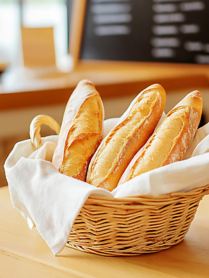 JPG 편집이미지 사람없음 갈색 빵집 바게트 천 나무탁자 라탄바구니 편집실사 AI포토 AI콘텐츠 빵 컬러 탁자 바구니 상점 직물 CG 파일형식