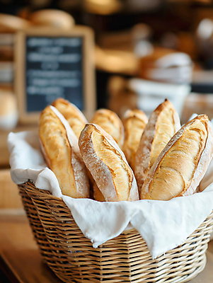 JPG 편집이미지 사람없음 갈색 카페 빵집 바게트 천 라탄바구니 편집실사 AI포토 AI콘텐츠 빵 컬러 바구니 상점 직물 CG 파일형식