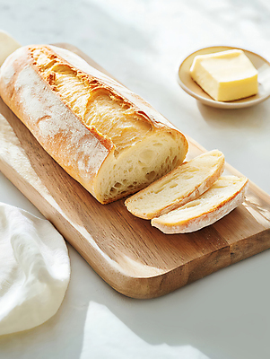 JPG 편집이미지 그림자 사람없음 햇빛 갈색 바게트 천 슬라이스 버터 나무도마 편집실사 AI포토 AI콘텐츠 빵 컬러 도마 목재 태양 직물 CG 파일형식