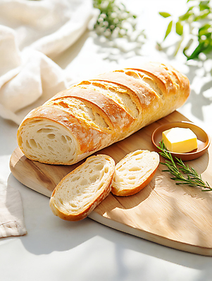 JPG 편집이미지 그림자 사람없음 햇빛 갈색 바게트 천 슬라이스 버터 로즈메리 나무도마 편집실사 AI포토 AI콘텐츠 빵 컬러 도마 목재 태양 직물 허브 CG 파일형식