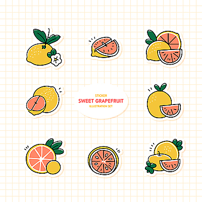 꽃 스티커 잎 일러스트 사람없음 세트 노란색 주황색 자몽 꾸미기 다꾸 국내일러스트 AI파일 식물 컬러 과일 신조어 약어 파일형식 벡터