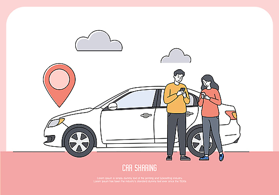 전신 구름 여자 남자 분홍색 일러스트 자동차 들기 성인 두명 스마트폰 GPS 성인만 국내일러스트 AI파일 자연요소 육상교통 컬러 모션 사람 핸드폰 스마트기기 파일형식 벡터