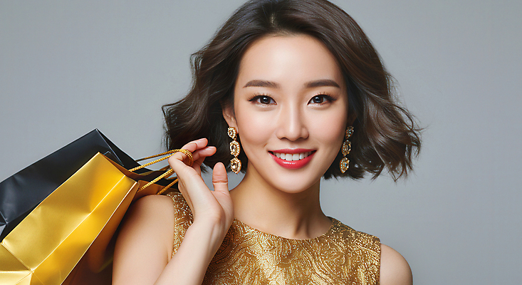 JPG 편집이미지 여자 한명 웃음 들기 상반신 성인 쇼핑 쇼핑백 금색 의료성형뷰티 성인여자한명만 편집실사 AI인물포토 AI콘텐츠 1 컬러 가방 모션 표정 사람 CG 여자한명만 성인여자만 파일형식 AI포토