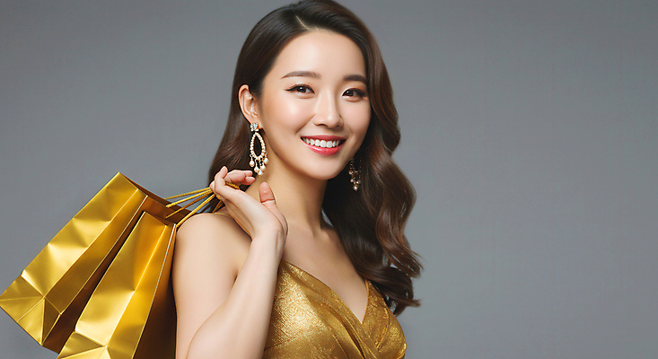 JPG 편집이미지 여자 한명 웃음 들기 상반신 성인 쇼핑 쇼핑백 금색 의료성형뷰티 성인여자한명만 편집실사 AI인물포토 AI콘텐츠 1 컬러 가방 모션 표정 사람 CG 여자한명만 성인여자만 파일형식 AI포토