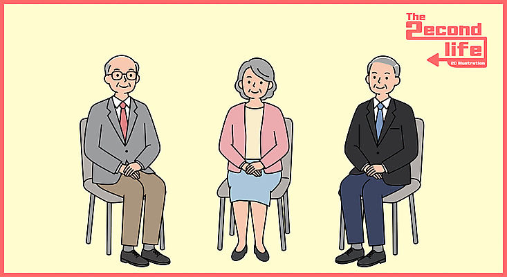 전신 여자 할아버지 노년 남자 화살표 할머니 일러스트 미소 앉기 정장 세명 노란색 면접 손모으기 실버취업 노인만 안경낌 일러캐릭터 AI파일 캐릭터 옷 안경 컬러 비즈니스 모션 표정 사람 손짓 성인 구직 성인만 파일형식 벡터