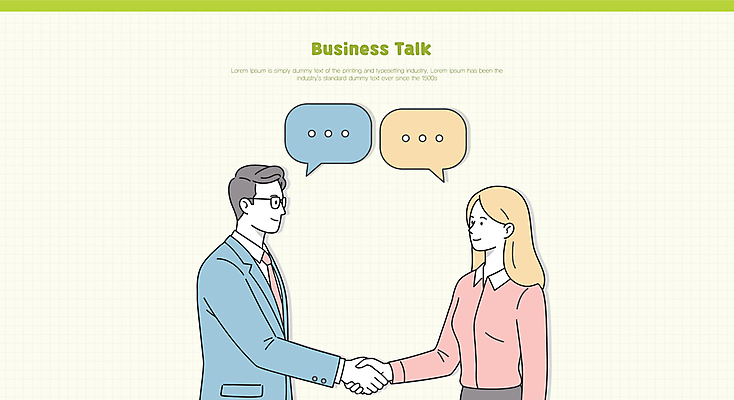 여자 남자 말풍선 일러스트 악수 미소 정장 상반신 성인 두명 연두색 비즈니스맨 비즈니스우먼 성인만 안경낌 국내일러스트 AI파일 옷 안경 비즈니스 표정 사람 손짓 초록색 직장인 파일형식 벡터