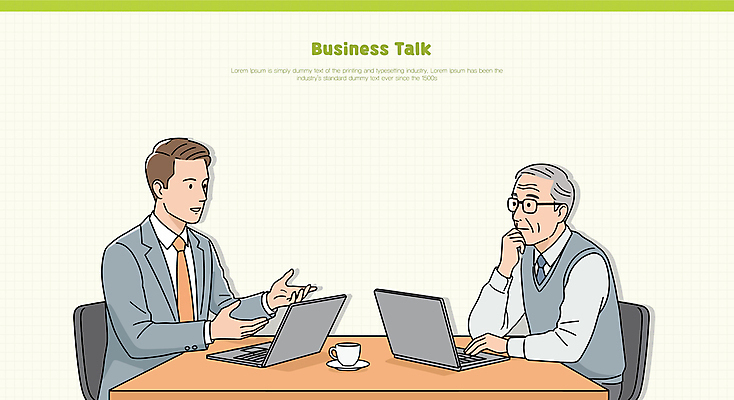 노년 남자 의자 일러스트 회의 대화 앉기 정장 상반신 성인 두명 연두색 노트북 손들기 턱괴기 비즈니스맨 커피잔 컵받침 책상 남자만 안경낌 국내일러스트 AI파일 옷 안경 커피 가구 비즈니스 모션 잔 말하기 사람 초록색 전자제품 직장인 받침대 파일형식 벡터