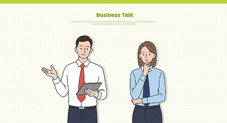 여자 남자 일러스트 넥타이 들기 정장 성인 두명 연두색 태블릿 손들기 턱괴기 비즈니스맨 비즈니스우먼 성인만 국내일러스트 AI파일 잡화 옷 비즈니스 모션 사람 초록색 전자제품 스마트기기 직장인 파일형식 벡터