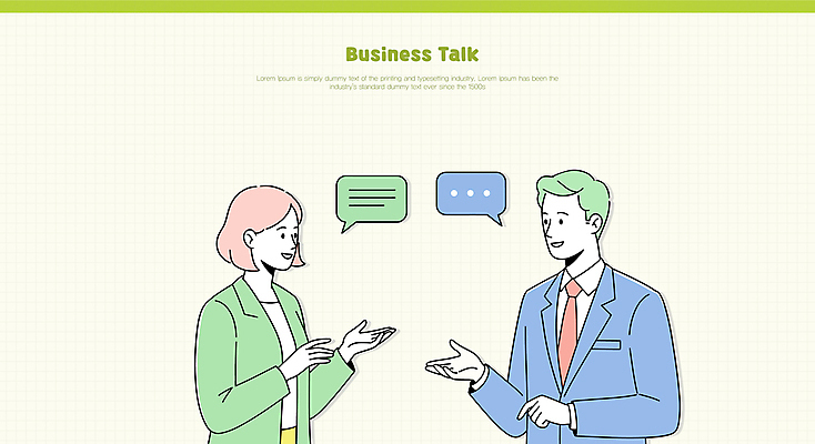 여자 남자 말풍선 일러스트 대화 미소 정장 상반신 성인 두명 연두색 손들기 비즈니스맨 비즈니스우먼 성인만 국내일러스트 AI파일 옷 비즈니스 모션 표정 말하기 사람 초록색 직장인 파일형식 벡터