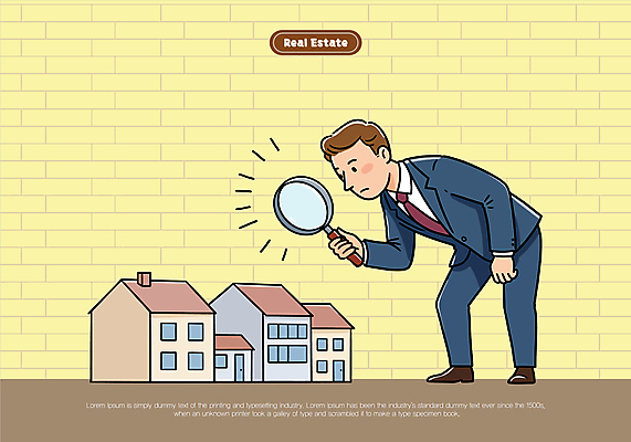 전신 남자 일러스트 돋보기 부동산 주택 허리숙이기 한명 정장 성인 노란색 성인남자한명만 국내일러스트 AI파일 1 옷 컬러 숙이기 사람 건물 재산 남자한명만 성인남자만 파일형식 벡터