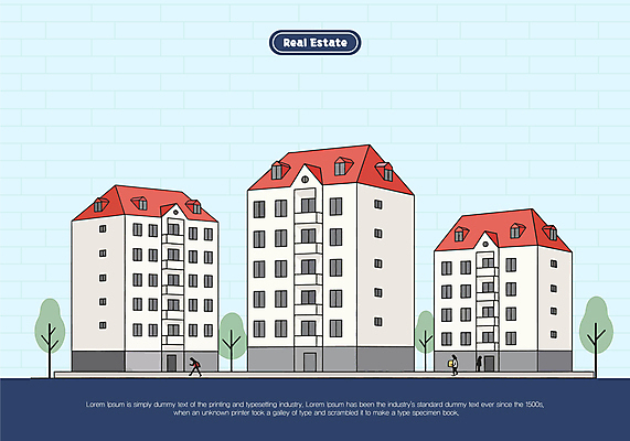 전신 나무 하늘색 일러스트 부동산 아파트 사람 세명 국내일러스트 AI파일 식물 주택 파란색 재산 파일형식 벡터