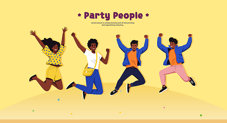 전신 여자 남자 일러스트 웃음 여러명 성인 노란색 파티 손들기 점프 즐거움 크로스백 다리들기 성인만 국내일러스트 AI파일 감정 컬러 다수 가방 모션 표정 사람 이벤트 파일형식 벡터