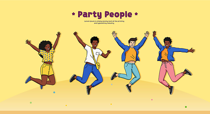 전신 여자 남자 일러스트 웃음 여러명 성인 노란색 파티 손들기 점프 즐거움 크로스백 다리들기 성인만 국내일러스트 AI파일 감정 컬러 다수 가방 모션 표정 사람 이벤트 파일형식 벡터