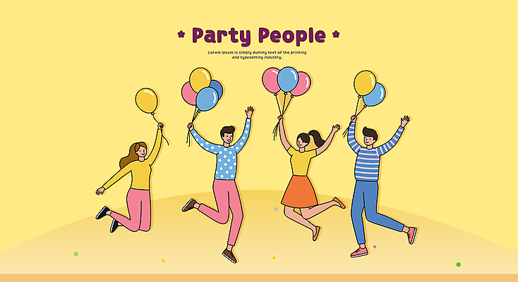 전신 여자 남자 일러스트 웃음 들기 여러명 성인 노란색 파티 손들기 점프 즐거움 풍선 다리들기 성인만 국내일러스트 AI파일 감정 컬러 다수 모션 표정 사람 이벤트 파일형식 벡터
