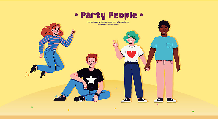 전신 커플 여자 남자 일러스트 안기 웃음 여러명 성인 노란색 파티 손들기 손잡기 점프 즐거움 브이 다리들기 성인만 국내일러스트 AI파일 감정 컬러 다수 관계 모션 표정 사람 손짓 이벤트 파일형식 벡터