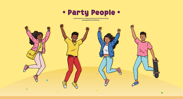 전신 여자 남자 일러스트 웃음 들기 여러명 성인 노란색 파티 손들기 점프 보드 즐거움 크로스백 다리들기 성인만 국내일러스트 AI파일 감정 스포츠 컬러 다수 가방 모션 표정 사람 이벤트 파일형식 벡터