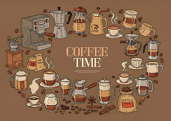 PSD 일러스트 티타임 사람없음 세트 갈색 원두 수증기 커피잔 커피포트 커피메이커 컵받침 그라인더 아메리카노 카푸치노 라떼 시나몬스틱 엘리먼트 커피자루 국내일러스트 커피 컬러 주전자 휴식 잔 받침대 자루 시나몬 커피용품 파일형식
