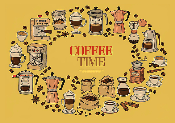 PSD 일러스트 티타임 사람없음 세트 노란색 원두 수증기 커피잔 커피포트 커피메이커 컵받침 그라인더 아메리카노 카푸치노 라떼 시나몬스틱 엘리먼트 커피자루 국내일러스트 커피 컬러 주전자 휴식 잔 받침대 자루 시나몬 커피용품 파일형식