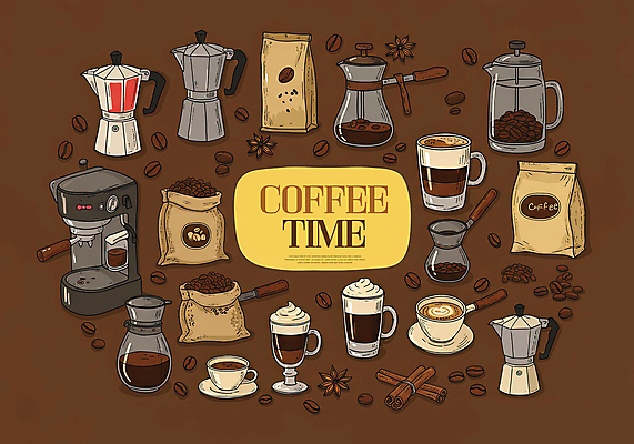PSD 일러스트 티타임 사람없음 세트 갈색 원두 수증기 커피잔 커피포트 커피메이커 컵받침 그라인더 아메리카노 카푸치노 라떼 시나몬스틱 엘리먼트 커피자루 국내일러스트 커피 컬러 주전자 휴식 잔 받침대 자루 시나몬 커피용품 파일형식