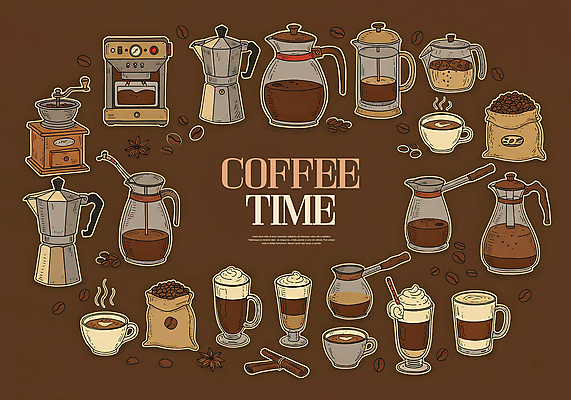 PSD 일러스트 티타임 사람없음 세트 갈색 원두 수증기 커피잔 커피포트 커피메이커 컵받침 그라인더 아메리카노 카푸치노 라떼 시나몬스틱 엘리먼트 커피자루 국내일러스트 커피 컬러 주전자 휴식 잔 받침대 자루 시나몬 커피용품 파일형식