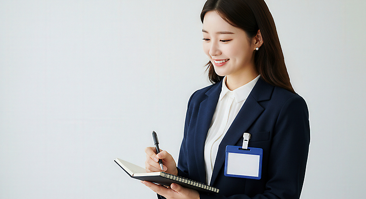 JPG 편집이미지 여자 대화 한명 웃음 들기 상반신 성인 펜 기록 비즈니스우먼 스프링노트 인터뷰 사원증 의료성형뷰티 성인여자한명만 편집실사 AI인물포토 AI콘텐츠 1 비즈니스 모션 표정 말하기 사람 필기구 공책 직장인 CG 여자한명만 성인여자만 파일형식 AI포토