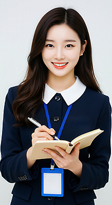 JPG 편집이미지 여자 대화 한명 웃음 들기 상반신 성인 펜 공책 기록 비즈니스우먼 인터뷰 사원증 의료성형뷰티 성인여자한명만 편집실사 AI인물포토 AI콘텐츠 1 비즈니스 모션 문구용품 표정 말하기 사람 필기구 직장인 CG 여자한명만 성인여자만 파일형식 AI포토